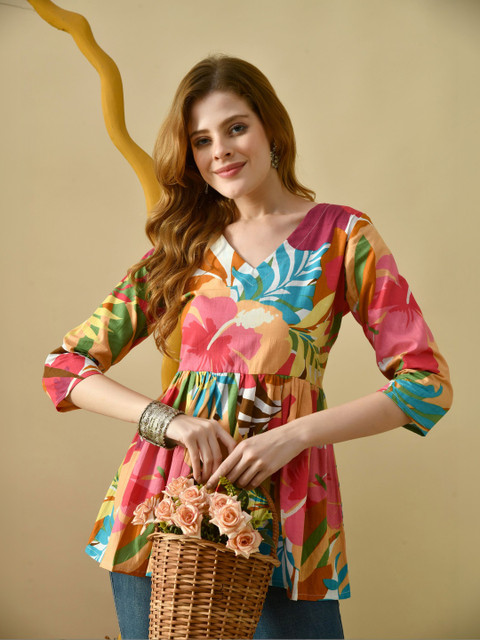 PHYSIL Floral Printed V-Neck Pure Cotton Kurti