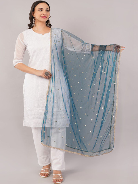 IVAARA Women Embroidered Sequinned Net Dupatta With Lace - Image 6