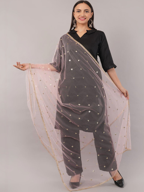 IVAARA Women Embroidered Sequinned Net Dupatta With Lace