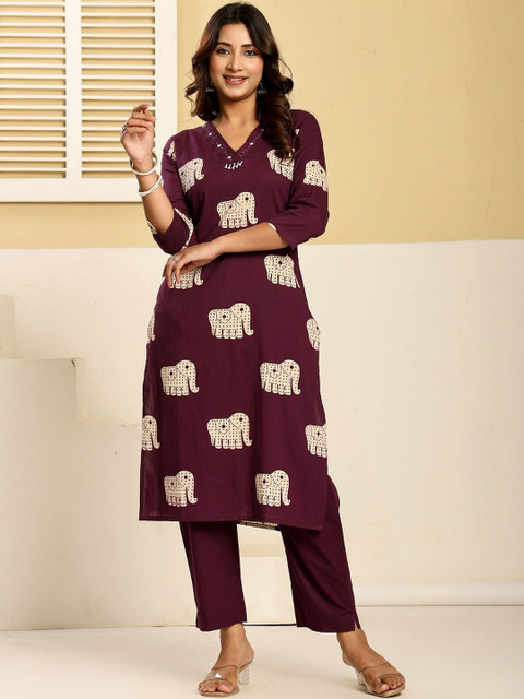 Indo Era Printed V-Neck Top & Trousers Co-Ords