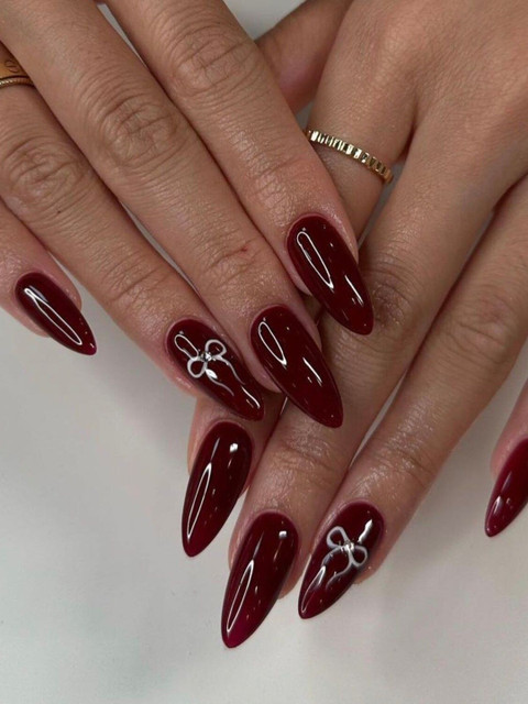 Vembley Set Of 24 Long Lasting Ultra Gloss Press On Nails - Maroon White Bow