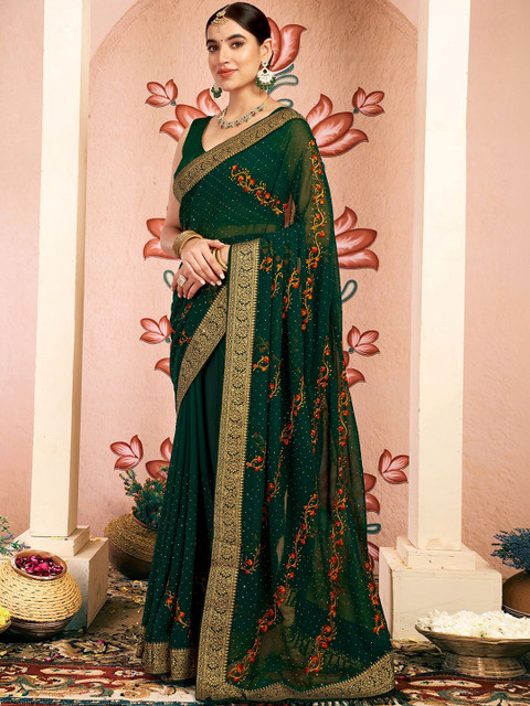 SANISA Floral Embroidered Silk Blend Heavy Work Saree