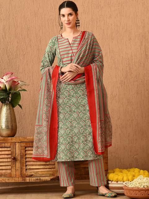 KALINI Women Ethnic Motifs Printed Regular Pure Cotton Kurta with Trousers & With Dupatta