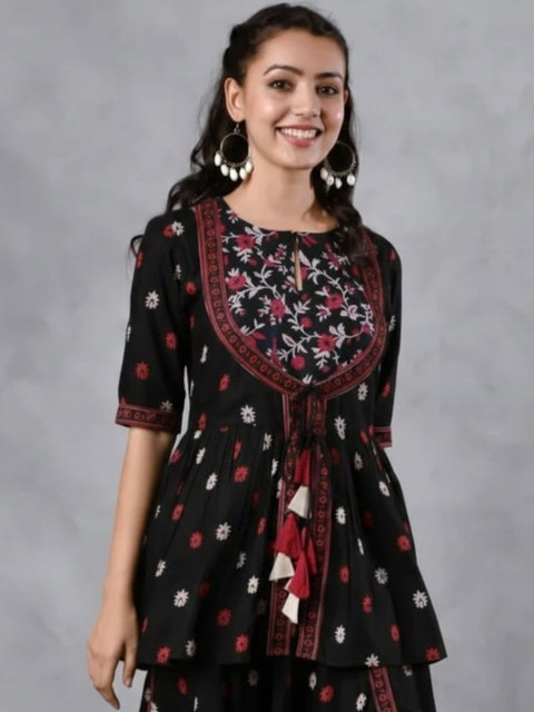 ANUTTARA FASHIONS Floral Print Keyhole Neck Peplum Top