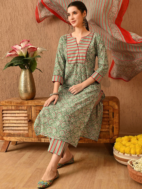 KALINI Women Ethnic Motifs Printed Regular Pure Cotton Kurta with Trousers & With Dupatta - Image 5