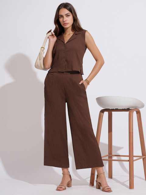 all about you Brown Lapel Collar Crop Shirt With Trousers