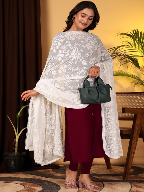 IVAARA Women Chiffon Dyable Floral Embroidered Thread Work Dupatta