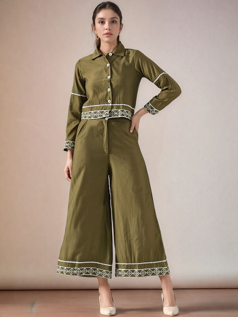 DressBerry Embroidered Shirt Collar Shirt & Trousers Co-Ords