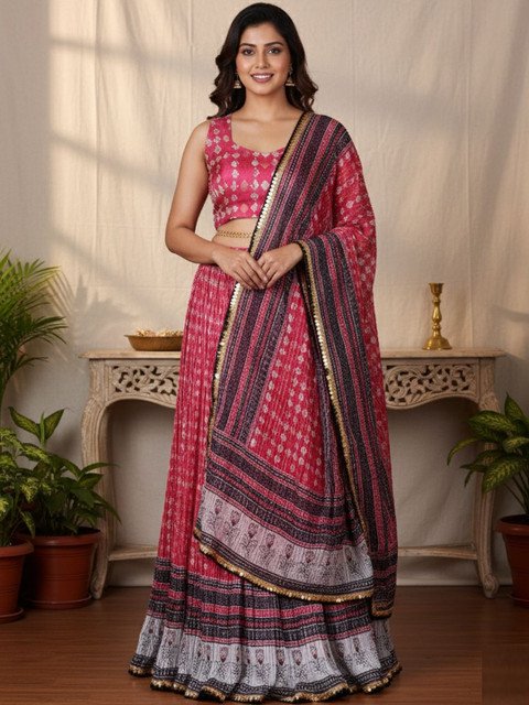 Jomso Printed Sequinned Semi-Stitched Lehenga & Unstitched Blouse With Dupatta