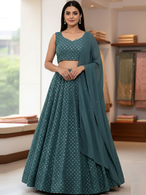 Jomso Embroidered Sequinned Semi-Stitched Lehenga & Unstitched Blouse With Dupatta