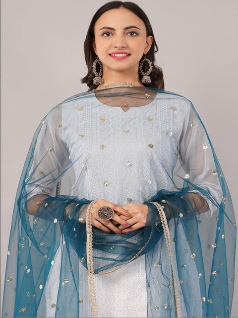 IVAARA Women Embroidered Sequinned Net Dupatta With Lace - Image 3