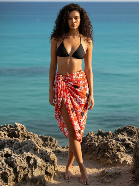 Aoba Womens Red Floral Printed Swimwear Cover-up Sarong