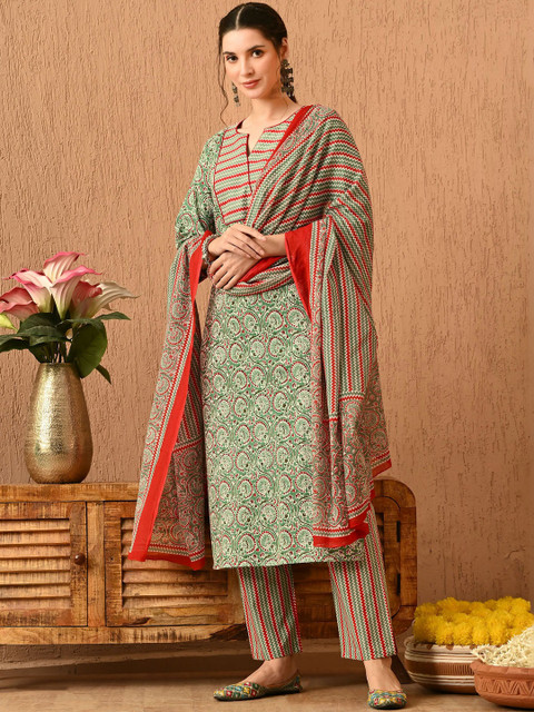 KALINI Women Ethnic Motifs Printed Regular Pure Cotton Kurta with Trousers & With Dupatta - Image 7