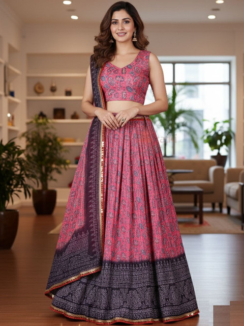 Jomso Printed Sequinned Semi-Stitched Lehenga & Unstitched Blouse With Dupatta