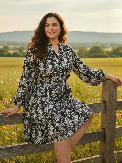 Globus Gloplus Bishop Sleeves Floral Print Mini Plus Size Shirt Style Dress With Belt