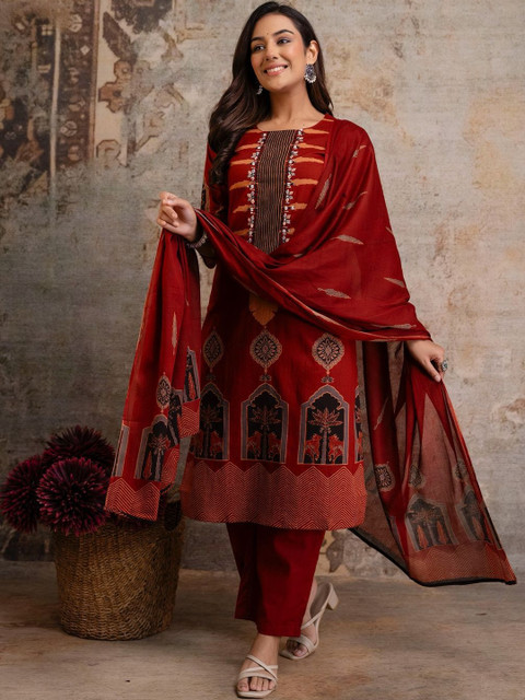 Araaha Women Ethnic Motifs Printed Regular Sequinned Pure Cotton Kurta with Trousers & With Dupatta