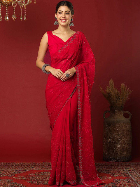 SANISA Embellished Embroidered Poly Chiffon Heavy Work Saree