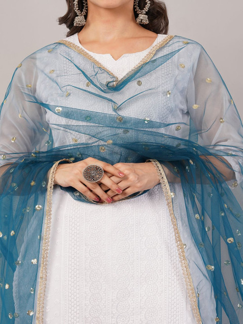 IVAARA Women Embroidered Sequinned Net Dupatta With Lace - Image 2