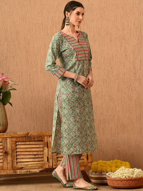 KALINI Women Ethnic Motifs Printed Regular Pure Cotton Kurta with Trousers & With Dupatta - Image 6