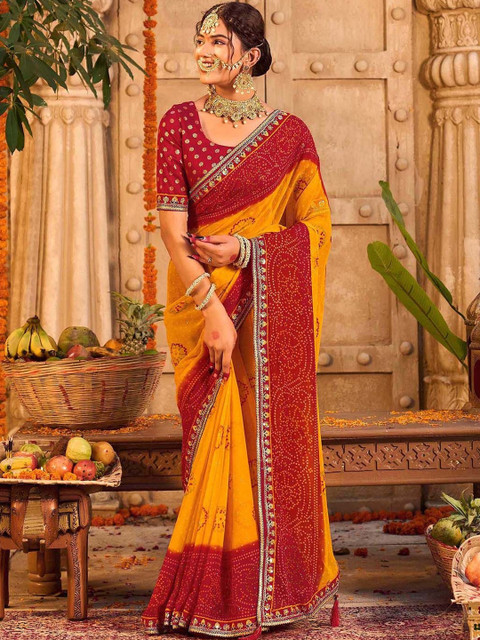 SANISA Bandhani Sequinned Poly Georgette Designer Saree