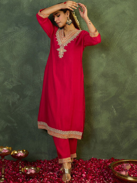 Indo Era Embroidered V-Neck Top & Trousers Co-Ords