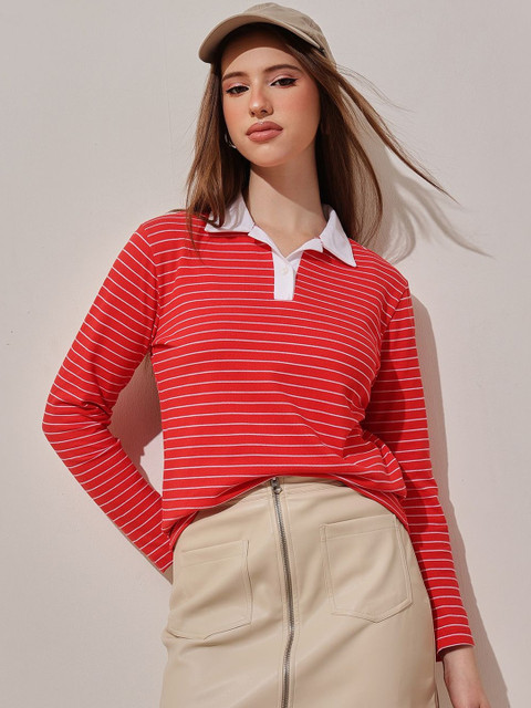 STREET 9 Women Striped Polo Collar T-shirt