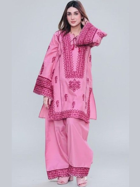 D.A.Kurtis. Women Pink Printed Straight Kurta with Wide Pants