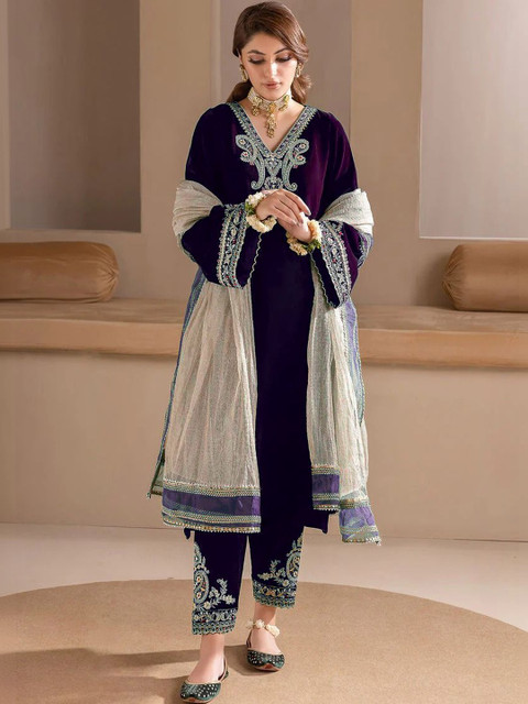 TRYAMBAKAM Women Ethnic Motifs Embroidered Regular Thread Work Velvet Kurta with Trousers & With Dupatta