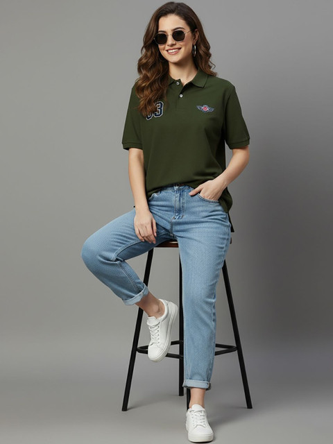 SZN Women Printed Polo Collar Applique T-shirt