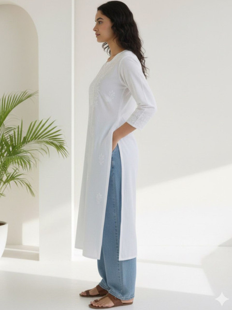 Elaasa Ethnic Motifs Embroidered Chikankari Pure Cotton Chikankari Kurti