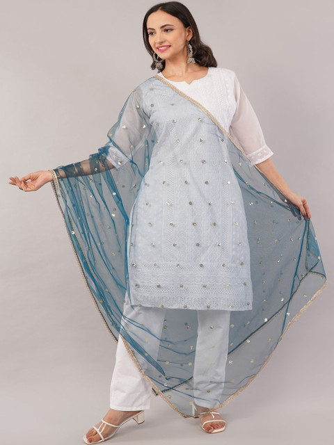 IVAARA Women Embroidered Sequinned Net Dupatta With Lace