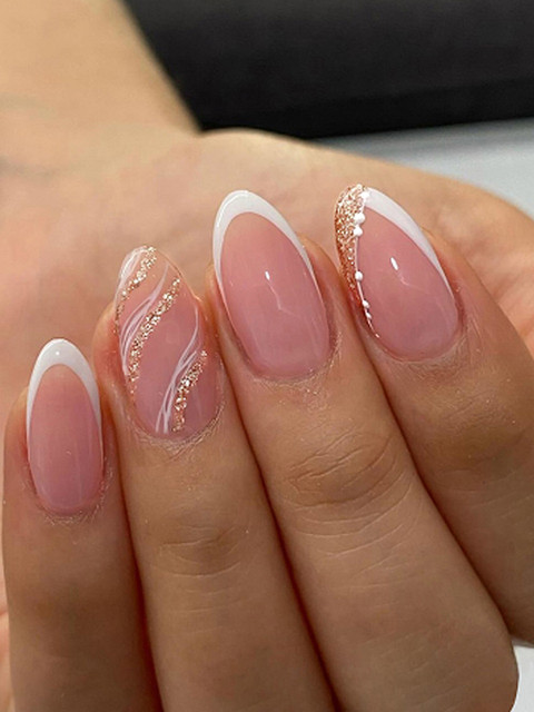 Secret Lives Set Of 24 Reusable Stick On Artificial Nails - Almond White Gliter