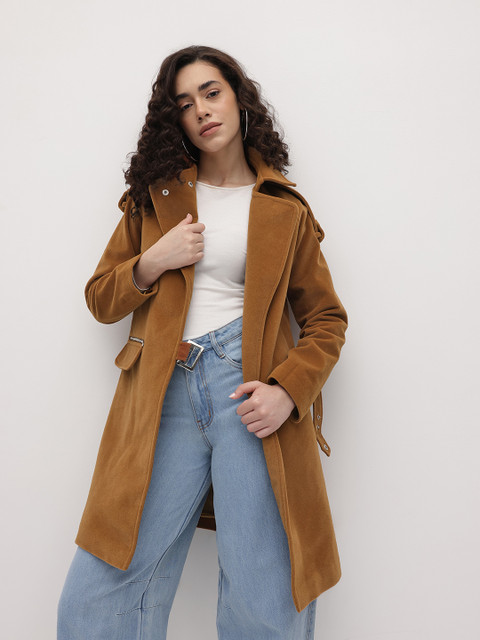 The Roadster Life Co. Notched Lapel Knee Length Overcoat with Attached Snap Button Belt