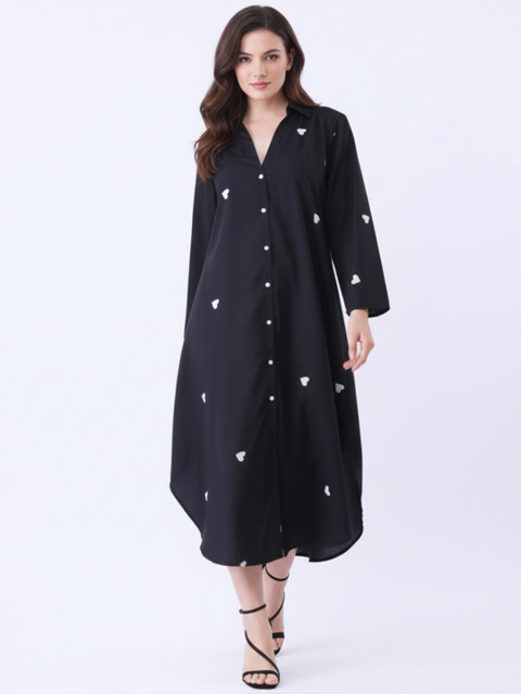 Qurvii Women Conversational Print Shirt Collar Shirt Midi Dress