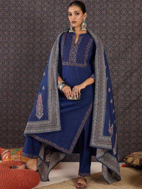 Indo Era Embroidered Notch Neck Thread Work Pure Cotton Kurta With Trousers & Dupatta