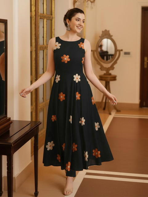 Aaghnya Floral Printed Empire Sleeveless Round Neck Thread Work Anarkali Kurta