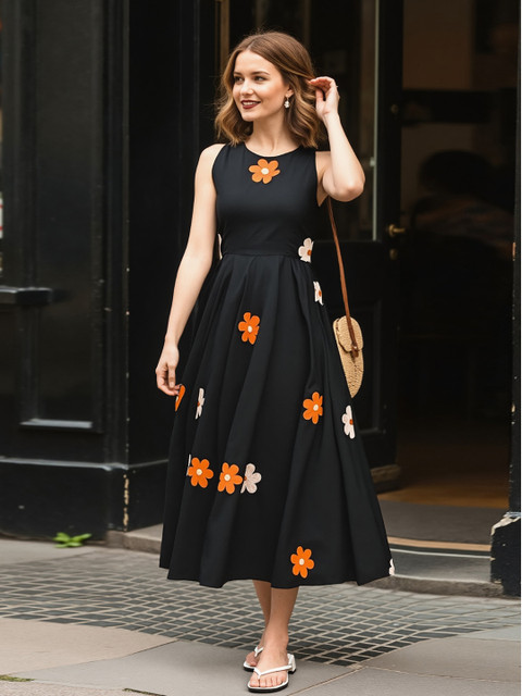 Aaghnya Floral Applique Fit & Flare Midi Dress