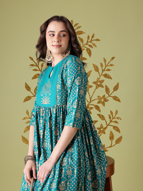 Anouk Ethnic Motifs Foil Print Keyhole Neck Gotta Patti Kurta With Lace Inserts