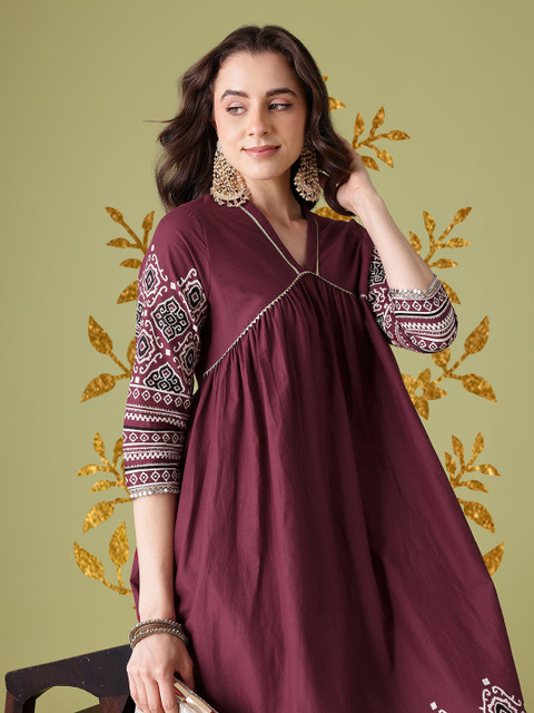 Anouk Ethnic Motifs Printed Empire Pure Cotton Midi Dress with Gotta Patti Detail