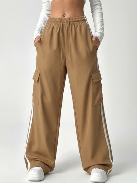 FELLAMO Women Striped Relaxed High-Rise Easy Wash Cargos Trousers