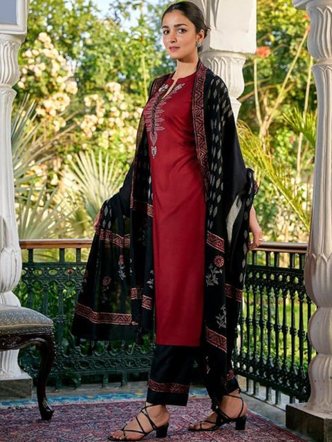 SSART Women Ethnic Motifs Embroidered Regular Thread Work Kurta with Trousers & With Dupatta