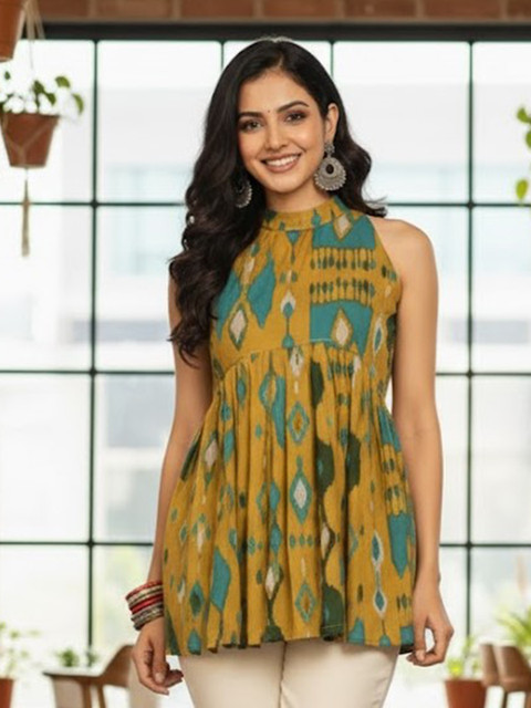 GULMEHAK Women Geometric Printed Sleeveless Cotton Tunic