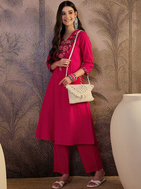 Sangria Floral Embroidered Pure Cotton A-Line Kurta & Trousers - Image 3