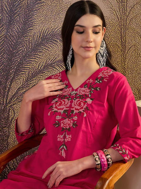 Sangria Floral Embroidered Pure Cotton A-Line Kurta & Trousers - Image 2