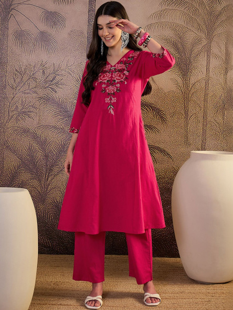 Sangria Floral Embroidered Pure Cotton A-Line Kurta & Trousers