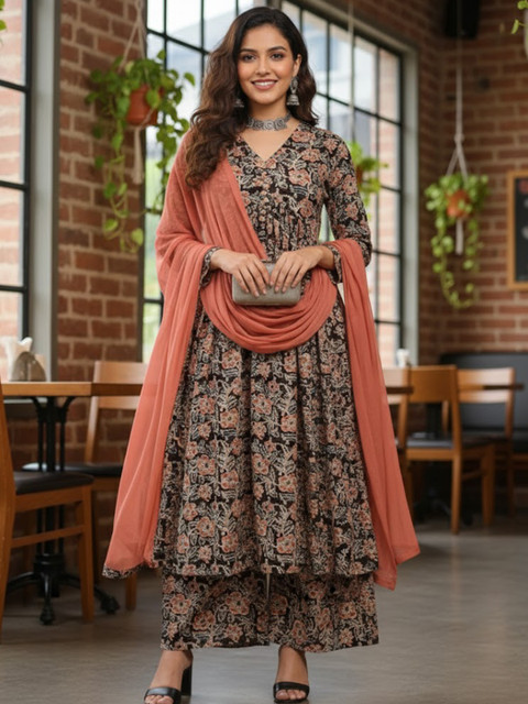 GULMEHAK Women Floral Printed Pleated Pure Cotton Kurta with Palazzos & Dupatta