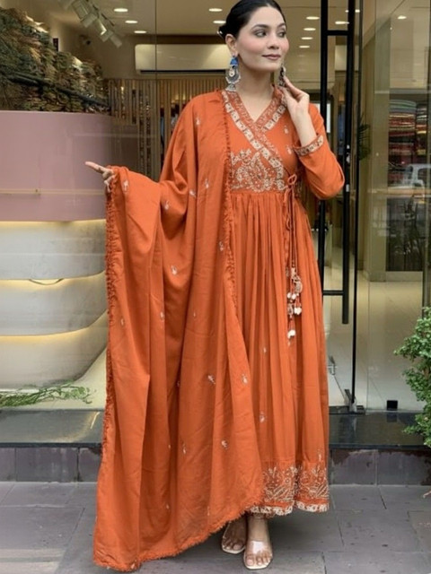 Fabinn Women Ethnic Motifs Embroidered Angrakha Kurta with Trousers & With Dupatta