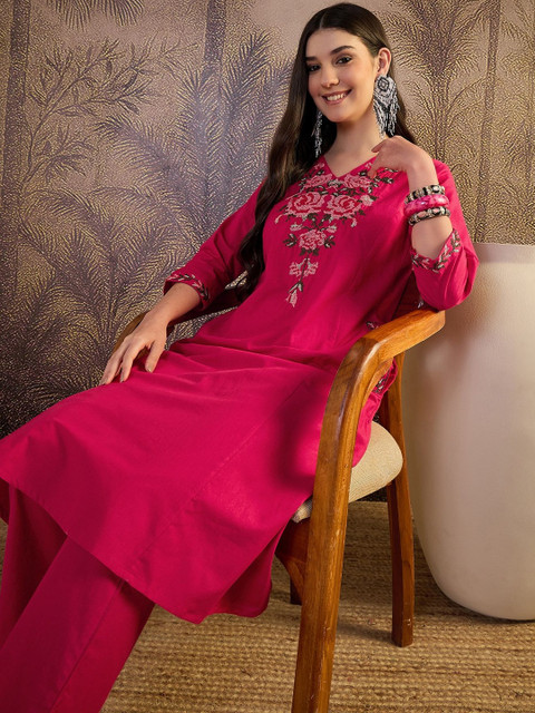 Sangria Floral Embroidered Pure Cotton A-Line Kurta & Trousers - Image 4