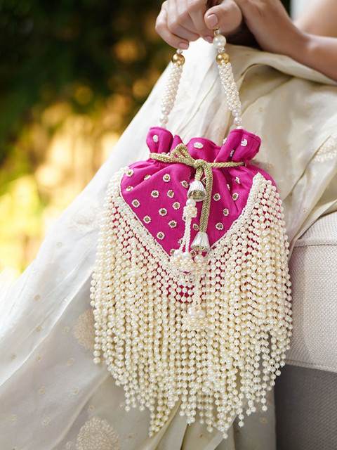 Rubans Embellished Potli Clutch with Fringe Detailing & Beaded Handle