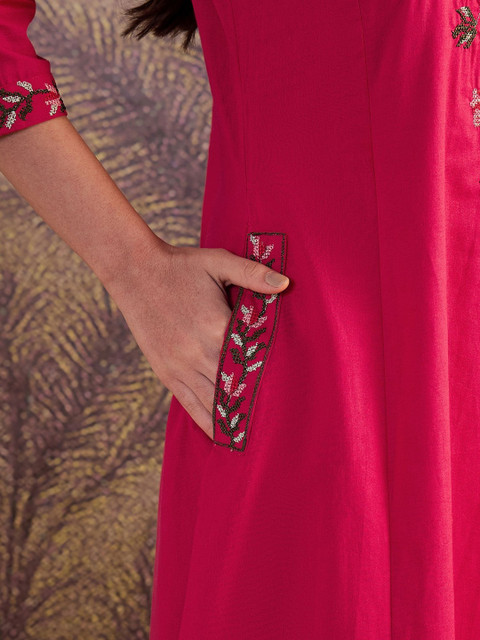 Sangria Floral Embroidered Pure Cotton A-Line Kurta & Trousers - Image 5